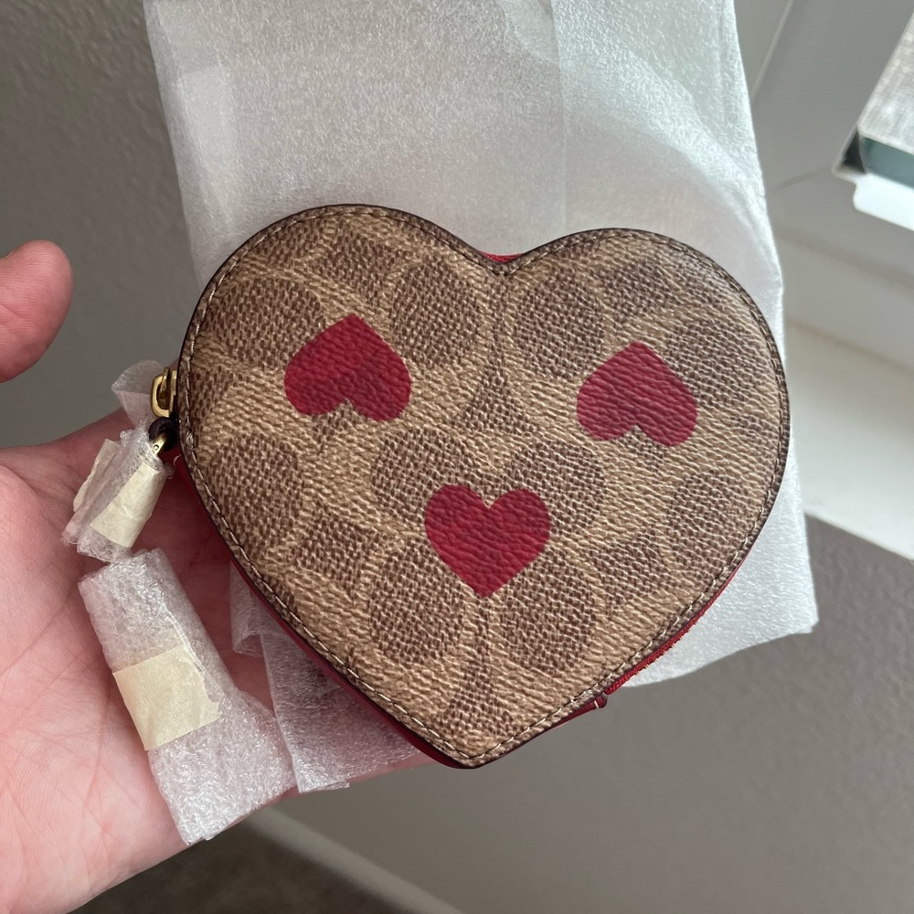 NWT Coach Heart-Shaped Coin Purse with Red Accents